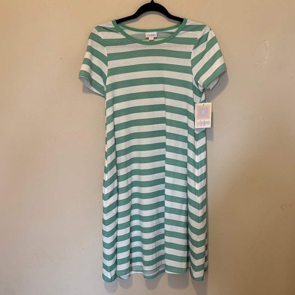 LuLaRoe Green and White Striped Casual Dress